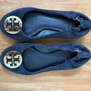 Tory Burch- Navy Blue Suede Ballet Flats with Gold Tone Logo Size 7.5